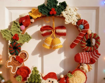 Crochet Christmas Wreath with Reindeer, Santa, Snowman & Bell – Handmade Xmas Door Hanger, Holiday Welcome Sign, Christmas Home Decor