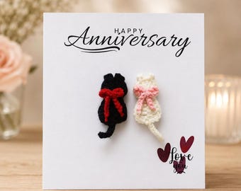 Handmade Crochet Anniversary Card with Cats – Cute Love Cats Greeting Card for Couples, Wedding, Valentine’s Day, Anniversary Gifts, Cats