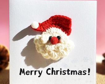 Handmade Crochet Santa Christmas Card with Envelope, 5 Inch Removable Applique Card, Reusable Christmas Gift Card & Decoration Friends
