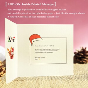 May include: A Christmas card with a red Santa hat illustration and a printed message. The card includes the text "Merry Christmas Mum and Dad" and a message of love and festive cheer. A reindeer sticker and the word "Love" are also visible.
