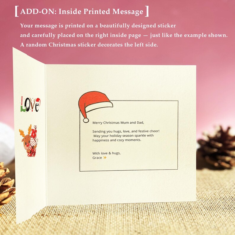 May include: A Christmas card with a red Santa hat illustration and a printed message. The card includes the text "Merry Christmas Mum and Dad" and a message of love and festive cheer. A reindeer sticker and the word "Love" are also visible.