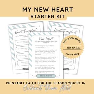 Puede incluir: Un conjunto de tarjetas imprimibles de temática religiosa, titulado "My New Heart Starter Kit". Las tarjetas presentan citas inspiradoras y versículos bíblicos. El diseño incluye un gráfico de corazón y las palabras "Heart Transplant" y "New Heart".