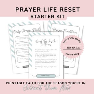 May include: A starter kit with the text "PRAYER LIFE RESET" and "STARTER KIT" in black. The kit includes printable cards with text like "Daily Prayer Reset" and "Lord Teach Me to Pray". A pink circular sticker reads "5X7 TIP-INS".