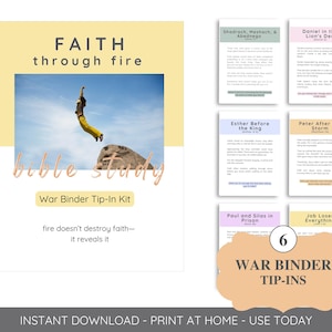 Peut inclure: Un kit d'étude biblique numérique intitulé Faith Through Fire War Binder Tip-In Kit, avec une photographie d'une personne sautant d'un rocher. L'ensemble comprend six pages imprimables avec des titres comme Shadrach, Meschach, & Abednego et Daniel in the Lion's Den.
