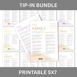 Peut inclure: Un ensemble de cartes de prière imprimables avec le texte "My Family Prayers" dans une palette de couleurs pastel. Les cartes sont disposées en éventail, avec les mots "Tip-In Bundle" et "Printable 5x7" en haut et en bas.