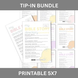 Peut inclure: Un ensemble de répertoires d'histoires bibliques imprimables de 5x7. Les pages présentent le texte "my BIBLE STORY directory" et incluent diverses histoires bibliques. Les mots "TIP-IN BUNDLE" et "PRINTABLE 5X7" sont également visibles.