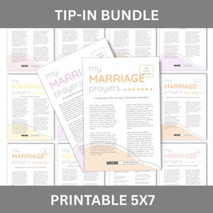 Peut inclure: Un ensemble de cartes à insérer "My Marriage Prayers" imprimables de 5x7 pouces. Les cartes présentent du texte dans une variété de polices et de couleurs, avec une palette de couleurs pastel. Les mots "Tip-In Bundle" et "Printable 5x7" sont également visibles.