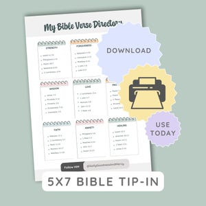 May include: A 5x7 Bible tip-in titled My Bible Verse Directory, featuring categorized lists of scriptures for strength, forgiveness, wisdom, love, faith, anxiety, and healing. The document includes the text Follow HIM and @GollyGoodnessAndMercy.