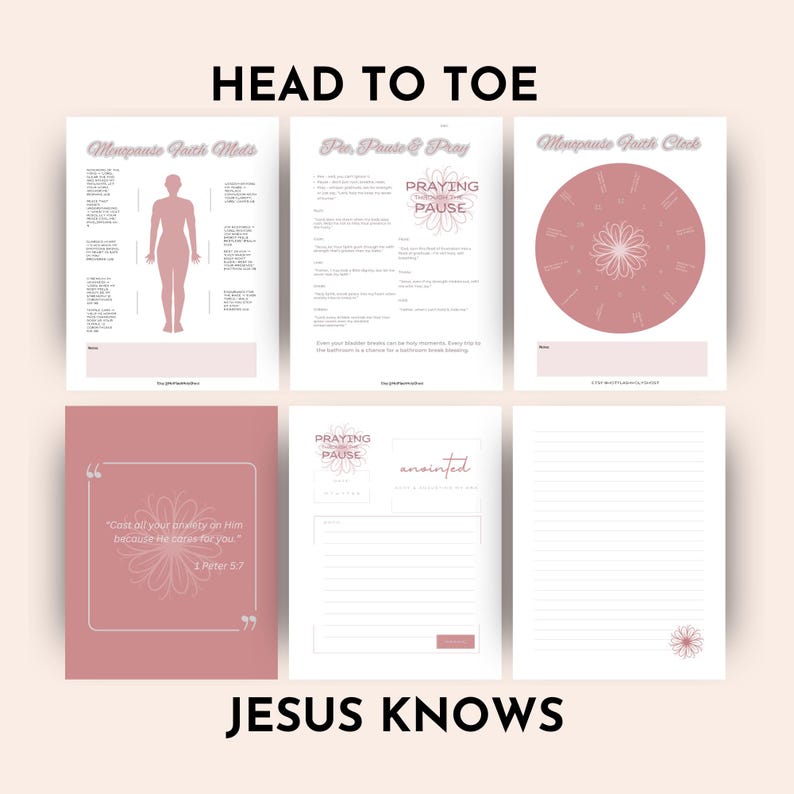 May include: A collection of six pink and white printable pages with the text "HEAD TO TOE" and "JESUS KNOWS". The pages include text, illustrations, and floral designs. One page features a body diagram.