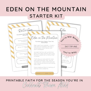 May include: A starter kit with the text "Eden on the Mountain" includes three cards with text and a pink circular sticker. The cards have a white background with gold diagonal stripes and text. The text on the cards includes "Restoration" and "Eden on the Mountain".