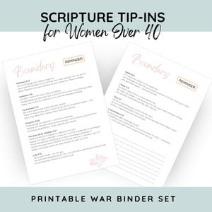 May include: Two white paper sheets titled Scripture Tip-Ins for Women Over 40 and Printable War Binder Set. Each page features the word Boundary in pink script, a gold Reminder box, and various Bible verses including Matthew 10:14 and Isaiah 26:3.