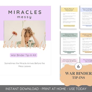 Könnte beinhalten: Ein digitales Bibelstudien-Set mit dem Titel Miracles Messy War Binder Tip-In Kit, das sechs druckbare Seiten mit religiösen Themen enthält, darunter Blind Man at Bethsaida, The Prodigal Son, Mary at the Wedding in Cana, Elijah, The Woman with the Issue of Blood und The Feeding of the 5,000.