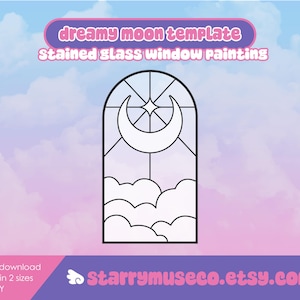 Puede incluir: Una plantilla de pintura de vidrieras en blanco y negro con un dise&ntilde;o de luna creciente y estrella, y formas de nubes. El texto "dreamy moon template" y "Stained glass window painting" se muestran en la parte superior. Tambi&eacute;n es visible el nombre de la tienda Etsy.
