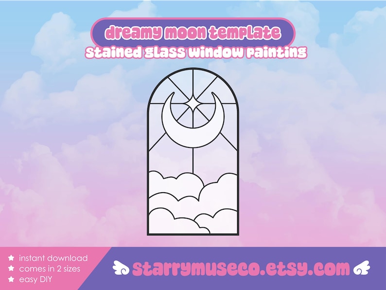 Puede incluir: Una plantilla de pintura de vidrieras en blanco y negro con un dise&ntilde;o de luna creciente y estrella, y formas de nubes. El texto "dreamy moon template" y "Stained glass window painting" se muestran en la parte superior. Tambi&eacute;n es visible el nombre de la tienda Etsy.