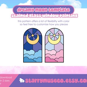 Puede incluir: Plantilla digital para pintar vidrieras, con dos dise&ntilde;os arqueados con una luna creciente y una estrella. Los dise&ntilde;os son en tonos azules y rosas, con detalles de nubes. El texto incluye "dreamy moon template" y "Stained glass window painting".