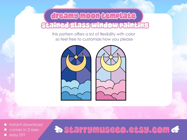 Puede incluir: Plantilla digital para pintar vidrieras, con dos dise&ntilde;os arqueados con una luna creciente y una estrella. Los dise&ntilde;os son en tonos azules y rosas, con detalles de nubes. El texto incluye "dreamy moon template" y "Stained glass window painting".