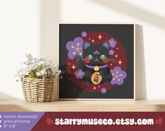 Dark Lucky Cat Printable Wall Art / 8" X 8" / DIY Print at Home / Maneki Neko / Retro
