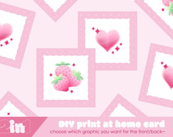 2-in-1 DIY Card: Heart + Strawberries / Print 8.5"x11" or A4 / Cut + Fold to 5"x5"