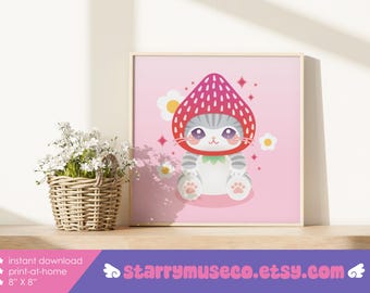 Strawberry Cat Printable Wall Art / 8" X 8" / DIY Print at Home / Mofusand / Kawaii