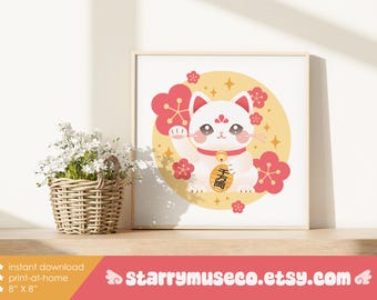 Lucky Cat Printable Wall Art / 8" X 8" / DIY Print at Home / Maneki Neko / Retro