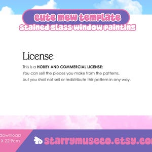 May include: A digital template for stained glass window painting, with the text "Cute mew template" and "Stained glass window painting". The license details are included, along with dimensions of 8" x 8" and 22.9cm x 22.9cm. The background is a gradient of pink and blue.