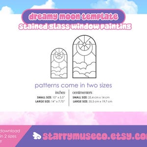 Puede incluir: Plantilla digital para pintar vidrieras con un dise&ntilde;o de luna so&ntilde;adora. Los patrones vienen en dos tama&ntilde;os: peque&ntilde;o (25,4 cm x 14 cm) y grande (35,5 cm x 19,7 cm). Incluye el texto "dreamy moon template" y "Stained glass window painting".
