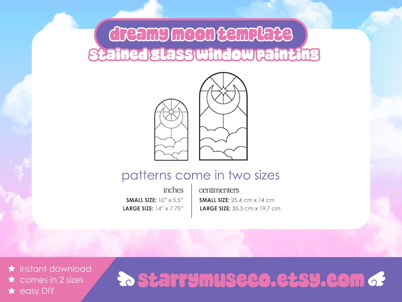 Puede incluir: Plantilla digital para pintar vidrieras con un dise&ntilde;o de luna so&ntilde;adora. Los patrones vienen en dos tama&ntilde;os: peque&ntilde;o (25,4 cm x 14 cm) y grande (35,5 cm x 19,7 cm). Incluye el texto "dreamy moon template" y "Stained glass window painting".