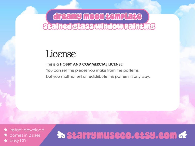 Puede incluir: Plantilla digital para pintar vidrieras, con el texto "dreamy moon template" y "Stained glass window painting". La imagen incluye informaci&oacute;n de licencia y la URL de la tienda Etsy.