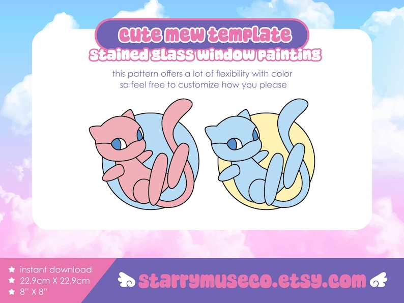May include: A digital template for stained glass window painting featuring two cartoon cats, one pink and one blue, each within a colored circle. The text reads "Cute mew template" and "Stained glass window painting". The template is 8" x 8".