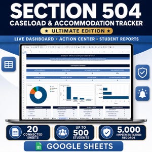 May include: A digital Section 504 Caseload & Accommodation Tracker spreadsheet displayed on a laptop screen. The dashboard features a live program overview, data tables, a pie chart, and bar graphs for student reports and action center management.