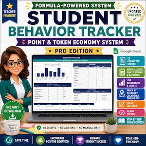 May include: A digital student behavior tracker for Google Sheets featuring a point and token economy system. The display shows a laptop with behavior analysis charts, a cartoon teacher, and text highlights including 13 connected sheets, auto-calculates points, live dashboards, and a step-by-step guide included.