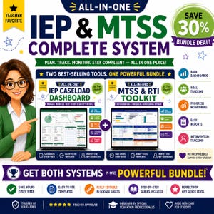 Op de afbeelding: Een advertentie voor een complete IEP & MTSS systeem bundel. De afbeelding toont een vrouw die wijst naar twee laptops met dashboards en toolkits. Tekst bevat "Bespaar 30% Bundel Deal!" en "Krijg beide systemen in één krachtige bundel!"