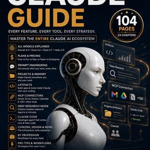 May include: A guide titled "CLAUDE GUIDE" with a futuristic robot illustration. The cover features text about features, tools, and strategies. Includes sections on models, pricing, prompt engineering, and more. The guide has 104 pages and is a PDF format.