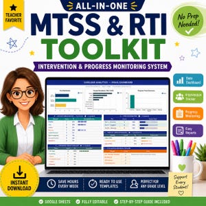May include: An illustration of a laptop displaying a MTSS & RTI Toolkit. The image includes the text "All-in-One MTSS & RTI Toolkit Intervention & Progress Monitoring System". A cartoon teacher is on the left. The image also includes the text "Instant Download".