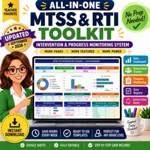 May include: An all-in-one MTSS and RTI toolkit intervention and progress monitoring system displayed on a laptop screen. The digital dashboard features charts, tables, and data tracking tools. Includes a teacher illustration and a mug with text.