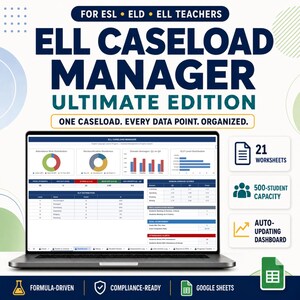 May include: A digital ELL Caseload Manager Ultimate Edition dashboard displayed on a laptop screen. The interface features data charts, attendance risk distribution, and student progress tables. Side icons indicate 21 worksheets, 500-student capacity, and an auto-updating dashboard for ESL, ELD, and ELL teachers.