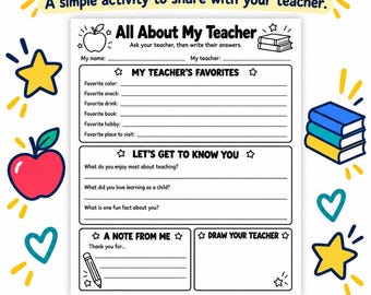 All About My Teacher Printable, Student Interview Worksheet, Teacher Appreciation Activity PDF