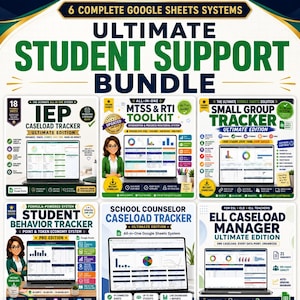 Könnte beinhalten: Ein digitales Paket mit 6 Google Sheets-Systemen für Lehrkräfte, bestehend aus dem Ultimate Student Support Bundle, IEP Caseload Tracker, MTSS & RTI Toolkit, Small Group Tracker, Student Behavior Tracker, School Counselor Caseload Tracker und ELL Caseload Manager.