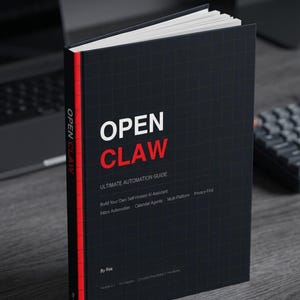 Pode incluir: Um livro intitulado "OPEN CLAW" com capa preta e lombada vermelha. O título está em branco e vermelho, com o subtítulo "ULTIMATE AUTOMATION GUIDE". A capa do livro também lista tópicos como "Inbox Automation" e "Calendar Agents".