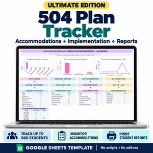 Peut inclure: Un écran d'ordinateur portable affichant un tableau de bord de suivi de plan 504 avec des graphiques, des tableaux et des mesures pour les dossiers des élèves. L'interface inclut des sections pour les aménagements et le suivi de 500 élèves.