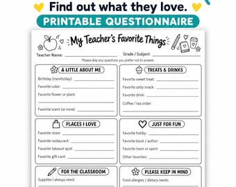 Teacher Favorite Things Questionnaire: Printable Teacher Appreciation Survey, Black and White PDF
