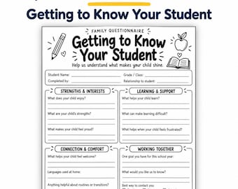 Parent Questionnaire Printable PDF, Getting to Know Your Student, Black and White Family Survey