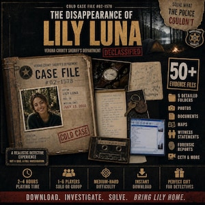 May include: A promotional image for a cold case detective game. The image features a case file with a photo of a missing person, Lily Luna, and various evidence files, including photos, documents, and maps. The game promises a realistic detective experience.