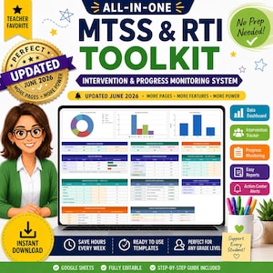Puede incluir: Un sistema digital de intervención y seguimiento del progreso MTSS y RTI en una pantalla de portátil. El gráfico incluye una docente de dibujos animados, gráficos de datos, tablas e iconos para paneles de control e informes.