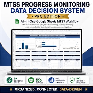 Könnte beinhalten: Ein Laptop-Bildschirm zeigt das MTSS Progress Monitoring Data Decision System Pro Edition, einen All-in-One Google Sheets Workflow. Das Dashboard enthält Diagramme, Daten zu Schülerstufen, Interventionspläne und Berichte zur Fortschrittskontrolle.