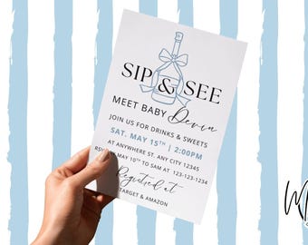 Sip and See Shower Minimale Einladung - Digital Download | Bearbeitbar Baby Feier Einladen | Canva Sip and See Dusche Vorlage |