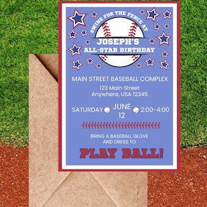 Baseball Birthday Party, 5&quot;x7&quot; Editable Invitation Template, Instant Digital Download, All-Star, Boy Birthday