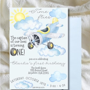 Time Flies First Birthday Party 5&quot;x7&quot; Invitation Template, Airplane-Themed Boy First Birthday Editable Template, Instant Digital Download