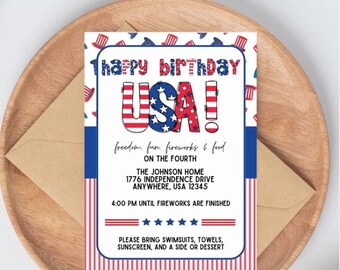 4th of July Party Editable Invitation Template, 5"x7" Instant Digital Download, Red, White, and Blue