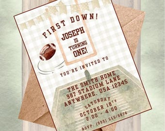 May include: A football-themed birthday invitation with the text "FIRST DOWN! JOSEPH IS TURNING ONE!" The invitation includes a football graphic and details for the party at The Smith Home, USA. The invitation is on a white and brown background.